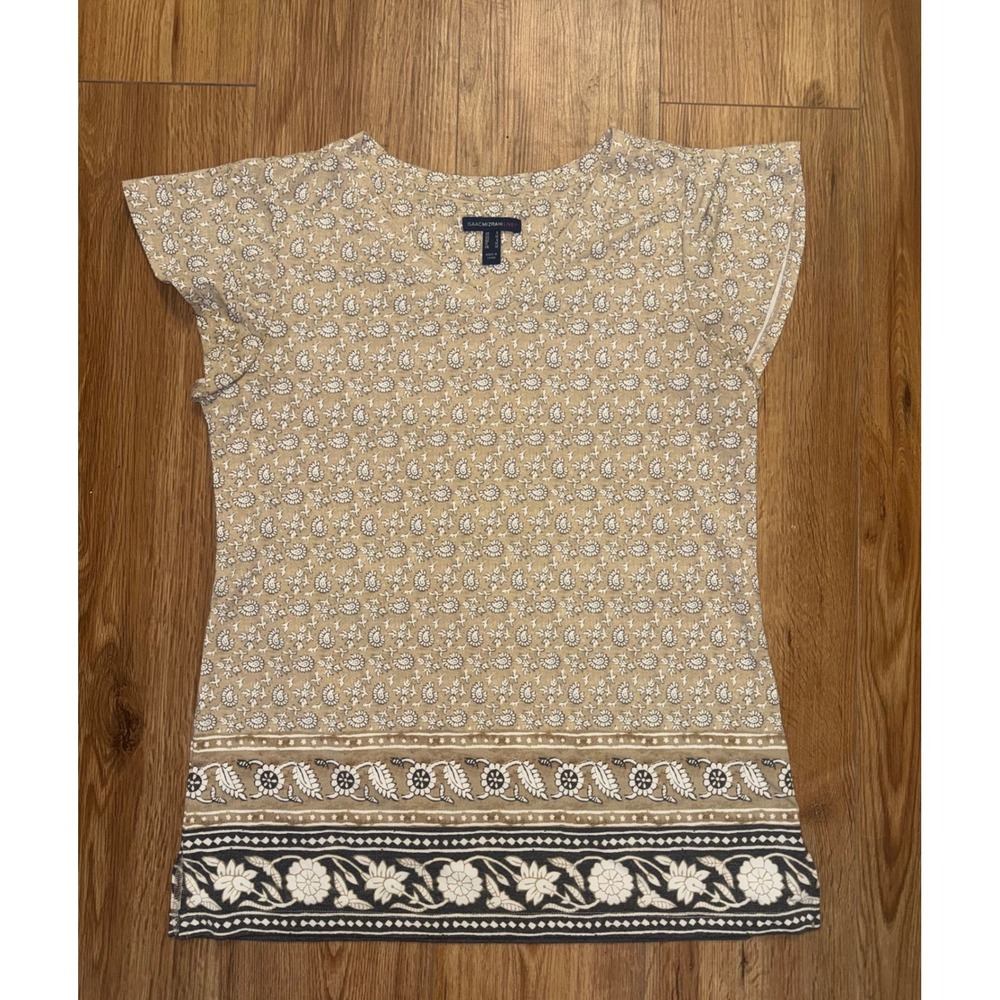 Isaac Mizrahi Live Womens Small Paisley V-Neck Top Tan Flutter Sleeve